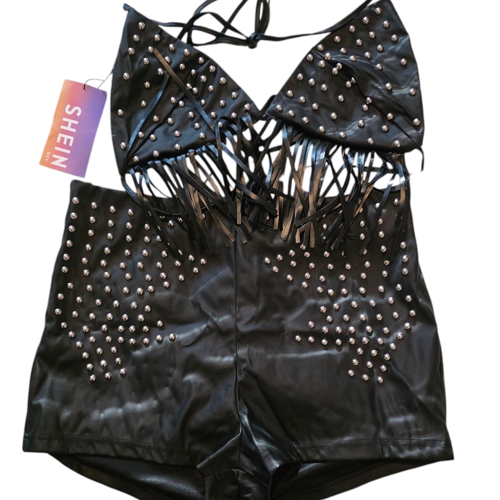 Black Studded Fringe Top and Shorts Set